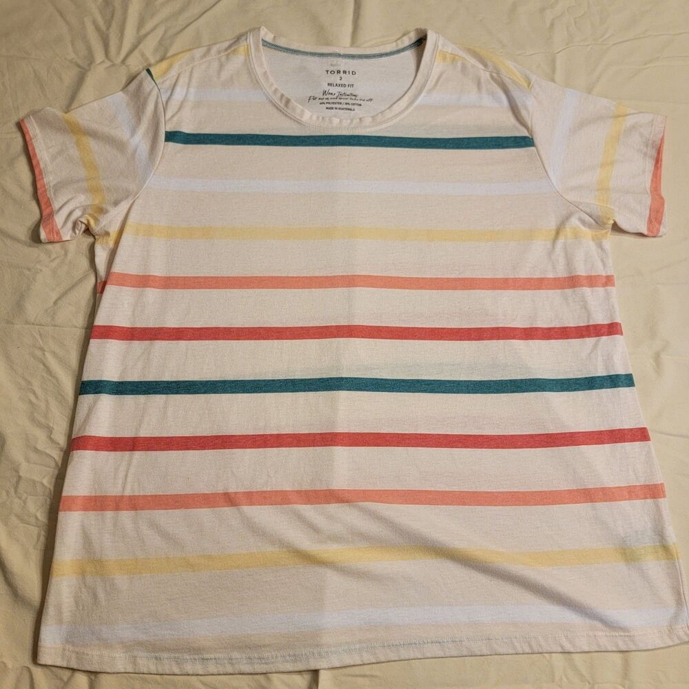Torrid Plus Size Jersey Relaxed Fit Multi Rainbow Stripe Classic Fit Crew Tee 2X
